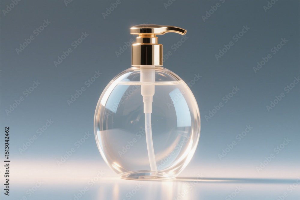 Clear soap dispenser bottle with golden pump on a soft background Clear soap dispenser bottle with golden pump on a soft background