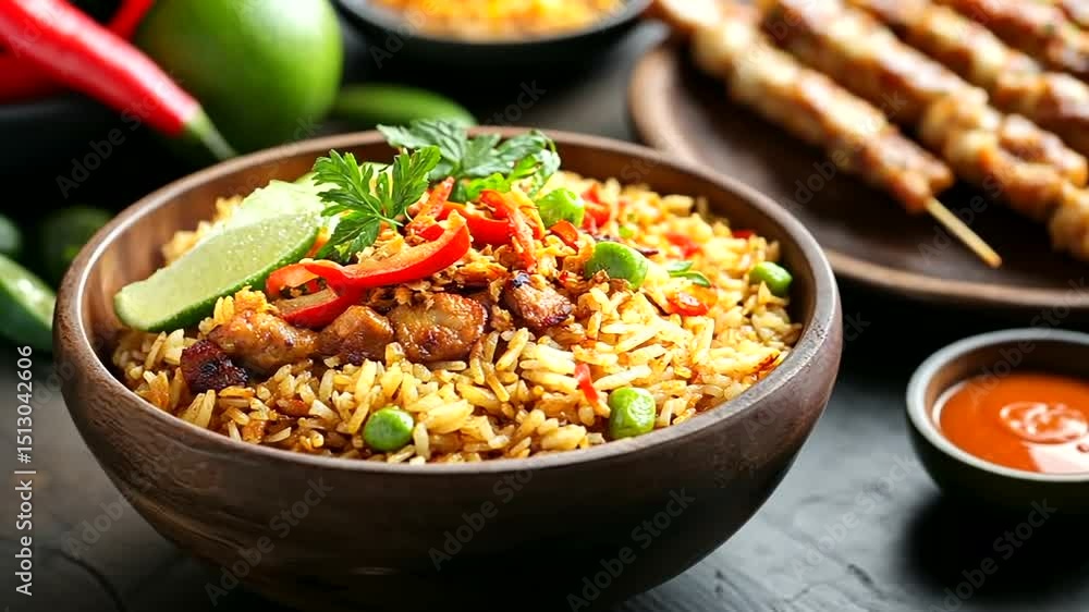 Fried rice with chicken and vegetables in a wooden bowl Fried rice with chicken and vegetables in a wooden bowl