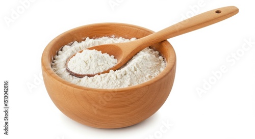 Wooden bowl with flour and spoon isolated on white background. use cases: baking, cooking, food photography.