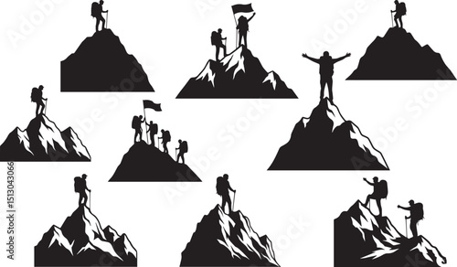 Climbers conquering mountain peaks silhouette collection