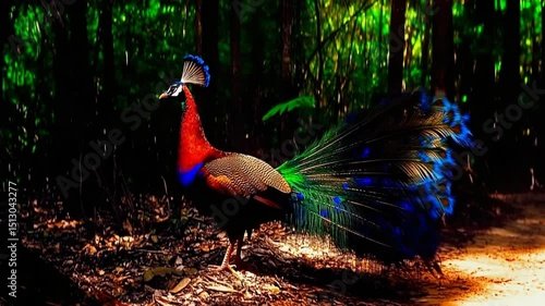 Vibrant peacock displaying feathers in lush forest