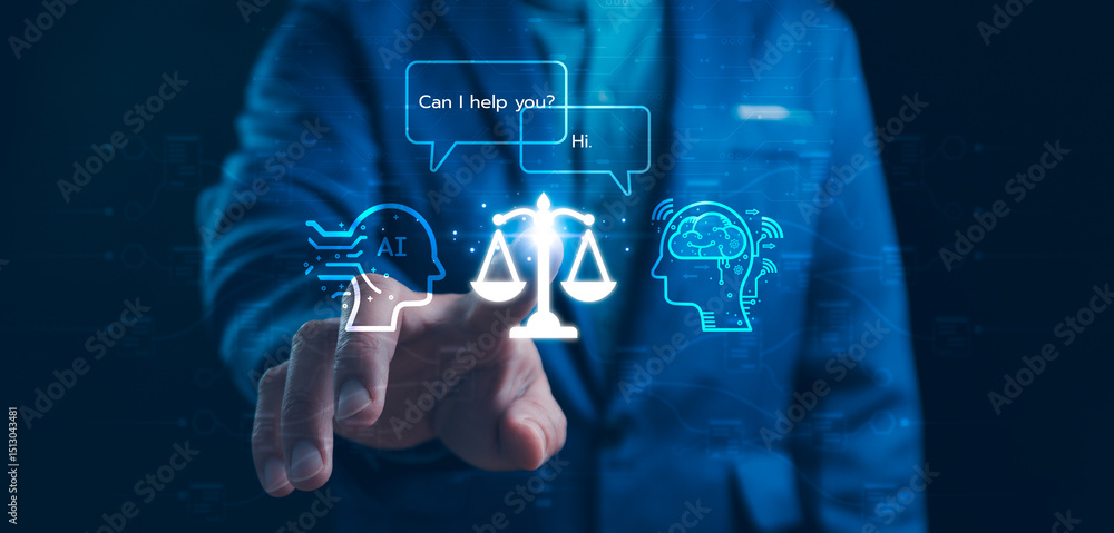 Hand touching holographic concepts of artificial intelligence, legal compliance, and ethical considerations in technology. Relationship between AI and human decision-making in the legal and business.