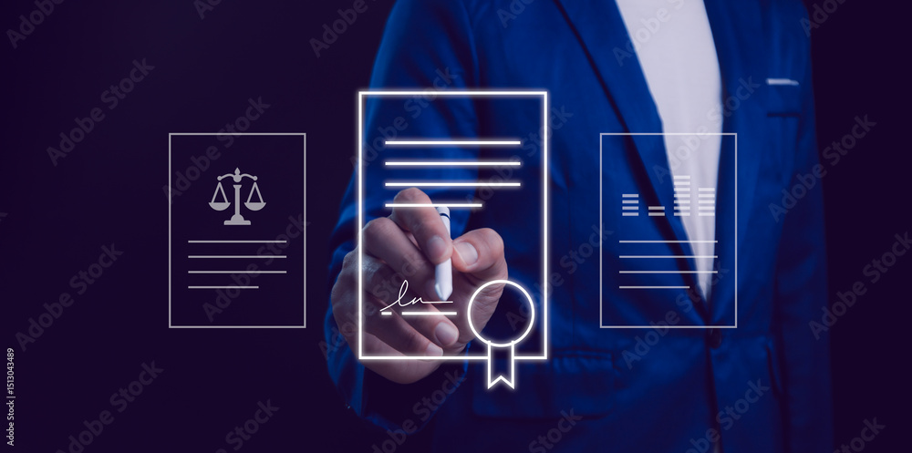 Businessman signing a digital contract or legal document. E-signature, legal technology, smart contracts, online agreements. Digital authentication, paperless, modern legal services. Business ethics.