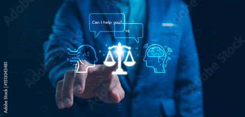 Obraz na płótnie Hand touching holographic concepts of artificial intelligence, legal compliance, and ethical considerations in technology. Relationship between AI and human decision-making in the legal and business. w salonie