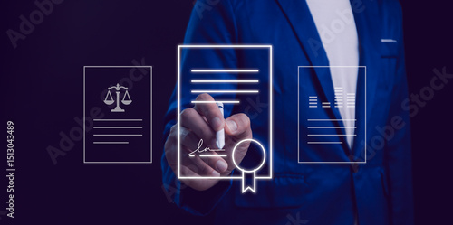 Obraz na płótnie Businessman signing a digital contract or legal document. E-signature, legal technology, smart contracts, online agreements. Digital authentication, paperless, modern legal services. Business ethics. w salonie