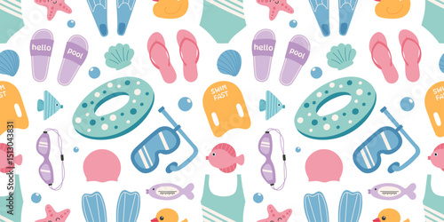 Summer seamless pattern with colorful pool and beach items. Flat hand drawn vector illustration