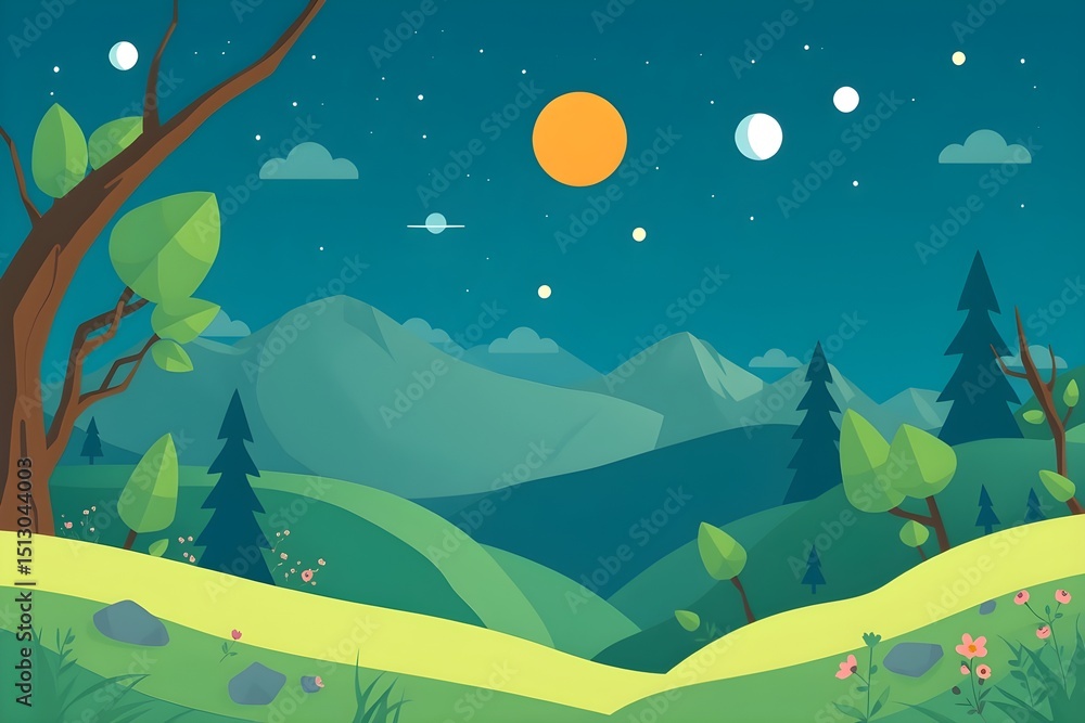 Obraz premium Illustrated landscape with rolling green hills, pine trees, and a large orange sun in a starry sky. A winding path and colorful flowers are in the foreground