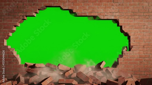 Brick wall with a large hole and green screen, showing signs of damage and destruction, with dust and debris scattered around the opening