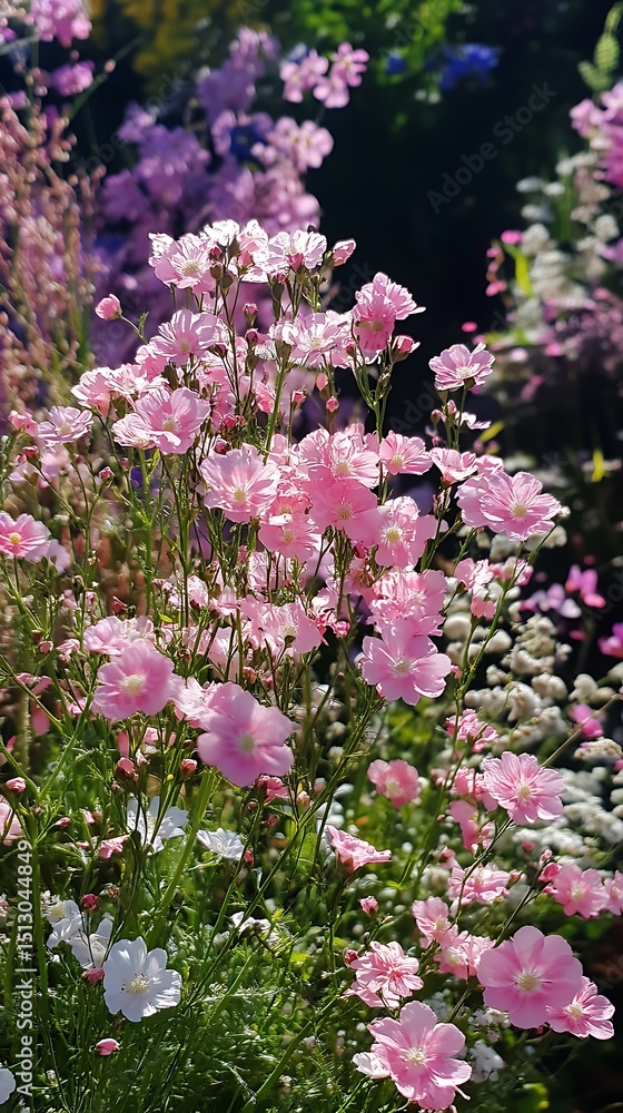Obraz premium Sunlight illuminates a vibrant array of pink flowers and verdant foliage in summer garden
