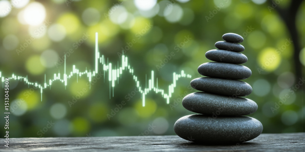 Obraz premium Balanced Portfolio Zen Stones with Stock Ticker Stacked Zen stones with a subtle overlay of a stock ticker displaying positive
