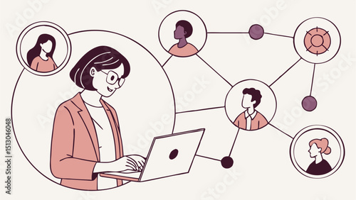 Woman Using Laptop for Online Networking – Remote Communication Illustration