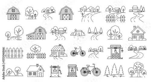 Rural landscape line art icons farm houses trees bicycle
