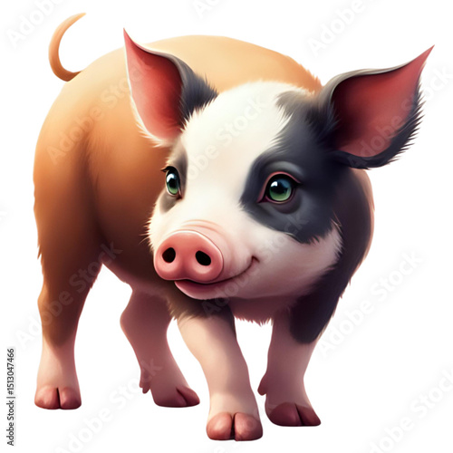 Pork, Black White Brown Fur, Green Eyes, Head Turn to the Right Staring Forward, Standing, Captured from Right Side