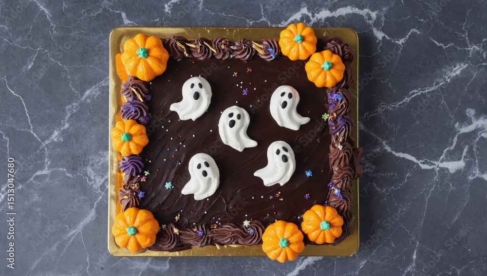 Obraz premium Chocolate cake with white frosting and orange pumpkins around it. The cake is decorated with five ghosts and stars
