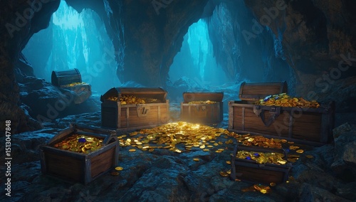 Room full of treasure chests and gold coins. Scene is one of excitement and adventure, as if the viewer is about to embark on a journey to find the treasure