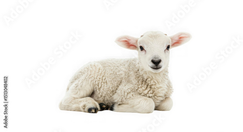 A lamb with white wool lying down isolated on a transparent  background looking ahead