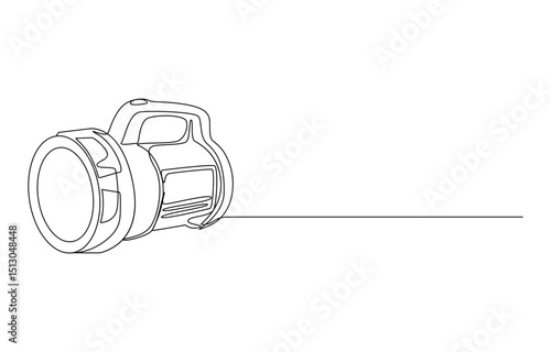 Line drawing of a flashlight lying on a surface, Continuous Line Drawing of a Flashlight, Single-Line Drawing of a Powerful Flashlight