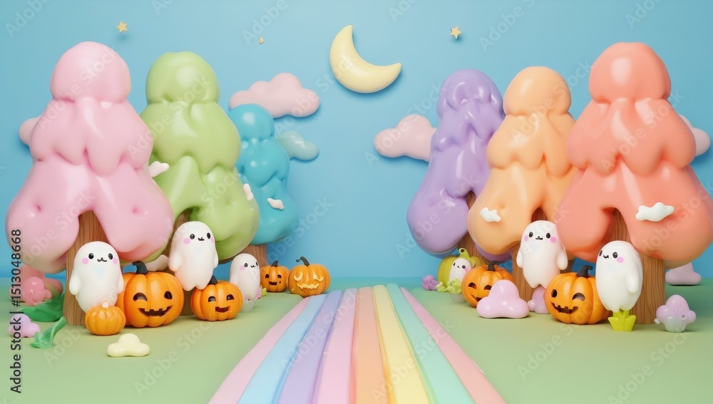Obraz premium Colorful scene of a forest with a rainbow and a moon in the sky. There are many trees and pumpkins scattered throughout the scene