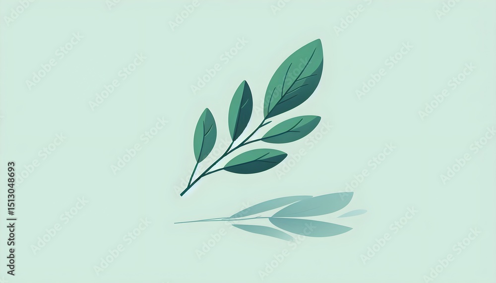 Obraz premium Single green leaf or branch in flat vector style on plain background with subtle shadow conveying calm meditative nature element and peaceful isolated look
