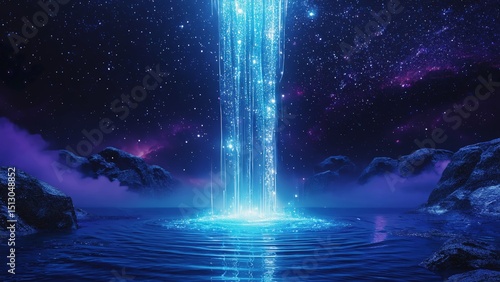 Fototapeta Naklejka Na Ścianę i Meble -  Blue waterfall is flowing into a body of water. The sky is filled with stars and the water is calm