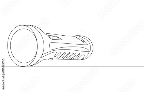 Line drawing of a flashlight lying on a surface, Continuous Line Drawing of a Flashlight, Single-Line Drawing of a Powerful Flashlight