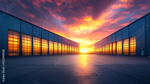 Fototapeta Naklejka Na Ścianę i Meble -  Futuristic industrial warehouse at sunset with golden reflections on windows, empty paved lot, and dramatic sky. Ideal for commercial, logistics, or AI research themes.