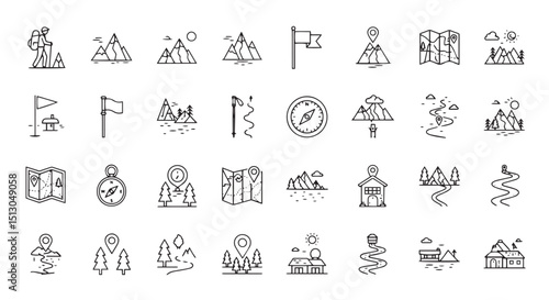 Hiking adventure mountain icons line art graphic design