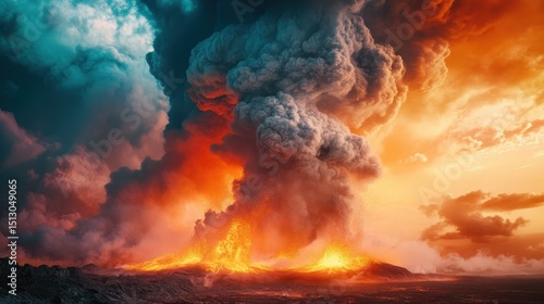 Volcanic eruption creates huge plumes of smoke and molten lava flow. Show power, destruction, or environmental concerns on a grand scale.