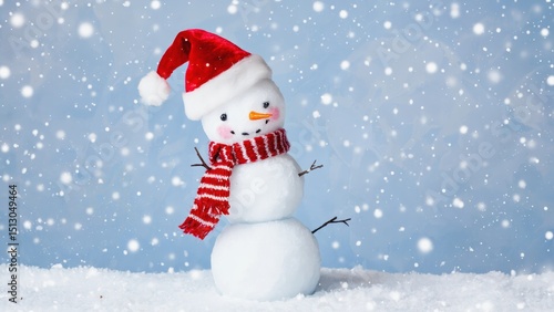 Snowman wearing a red scarf and a santa hat. The snowman is standing in the snow
