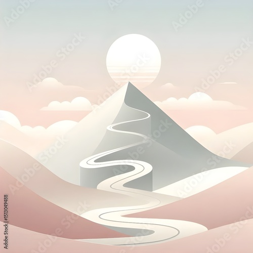 Pastel minimalist landscape with smooth spiral road ascending pale mountain under soft sky, symbolic climb to success, dreamlike and motivational vector art