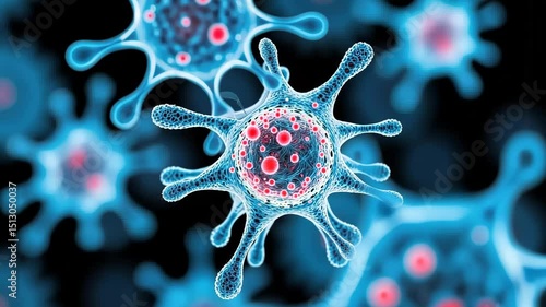 Close-up of colorful viruses floating in dark background  