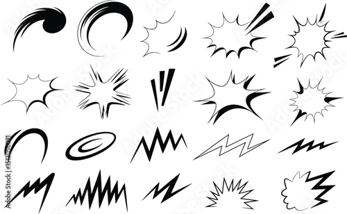A collection of dynamic comic book style speed lines and explosion vector elements isolated on white background