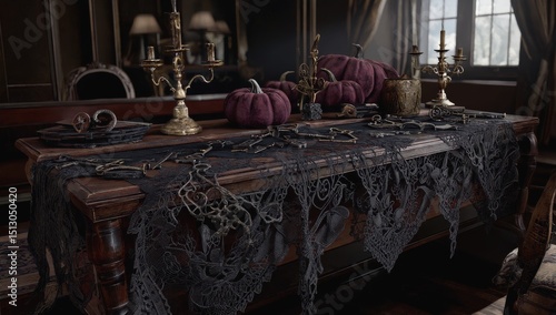 Table with a black lace table runner and a pumpkin on it. The table is set for a Halloween dinner