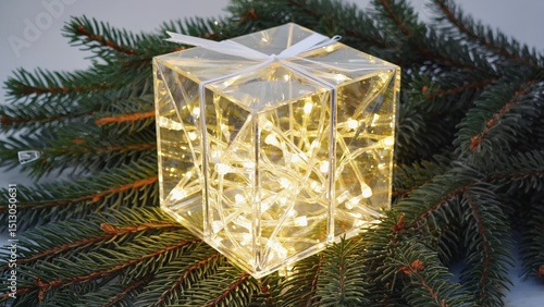 Clear box with lights inside is on a Christmas tree. The box is lit up and is surrounded by green leaves