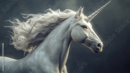 Wallpaper Mural Majestic white unicorn in motion against dark forest backdrop. Possible stock photo use fantasy, magic, mythical creatures Torontodigital.ca