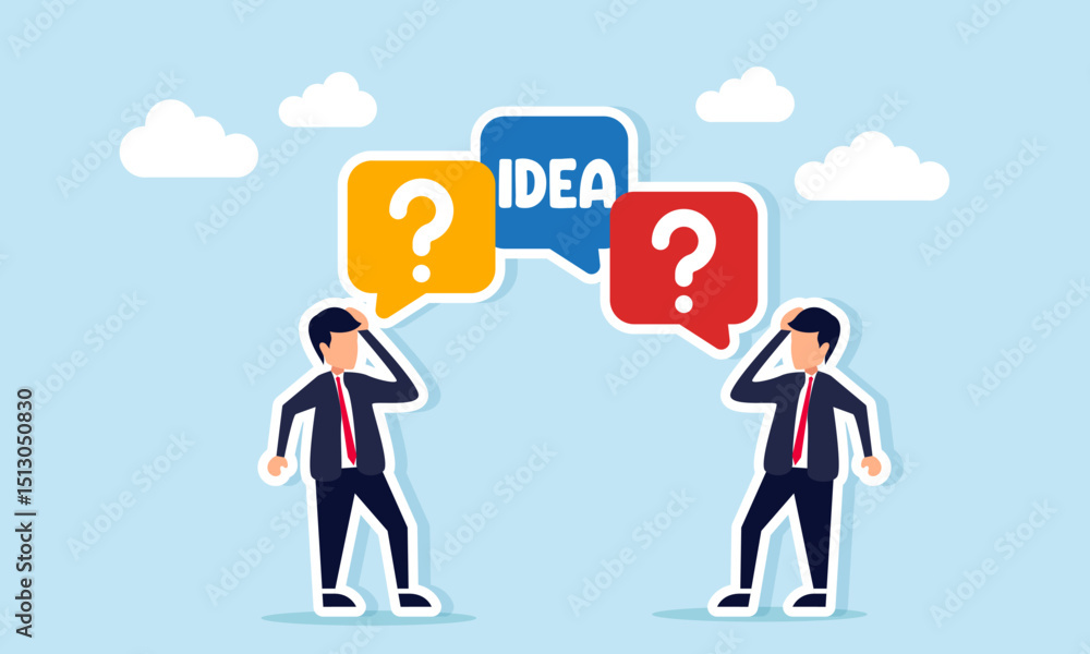 Two businessmen confused with chat dialog show IDEA causing one businessman to have a question mark dialog illustration of confusion in discussion brainstorming business ideas Two businessmen confused with chat dialog show IDEA causing one businessman to have a question mark dialog illustration of confusion in discussion brainstorming business ideas