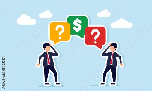 Two businessmen confused with chat dialog show dollar sign causing one businessman to have a question mark dialog illustration of confusion in discuss about financial management