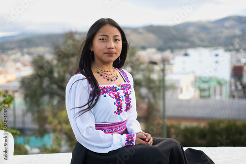 Indigenous ecuadorian woman wearing traditional clothing in riobamba, ecuador