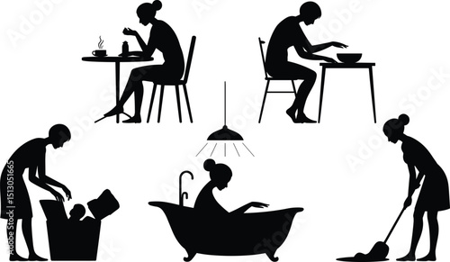 Daily Life Activities: Women Cooking, Eating, Cleaning, Bathing, and Doing Laundry – Black Silhouette Vector Set