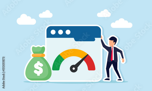 Businessman standing beside money bags and app interface showing level indicator illustration of monitoring business investment financial management standards