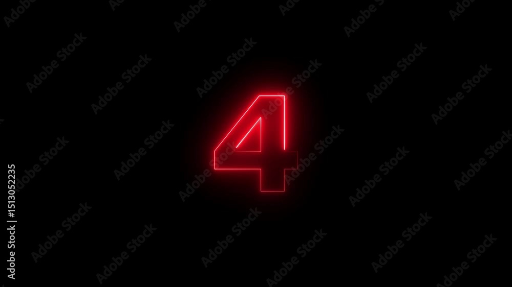 Four number display neon bright flat style red color animation. Glowing red neon countdown timer 4 number animation on black background. Four number display neon bright flat style red color animation. Glowing red neon countdown timer 4 number animation on black background.