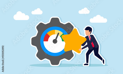 Businessman holding star beside gear with level indicator illustration of business quality standard improvement