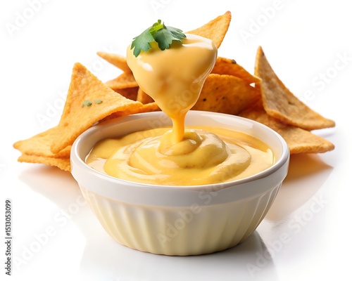 dipping nachos into cheese sauce cup on white background