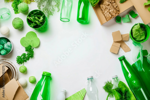 Eco-friendly flat lay with green and brown packaging materials
