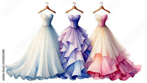Watercolor Illustration of Three Elegant Dresses Hanging on Wooden Hangers