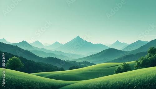 Abstract Green Nature Landscape with Mountains and Hills Background Minimalistic Illustration