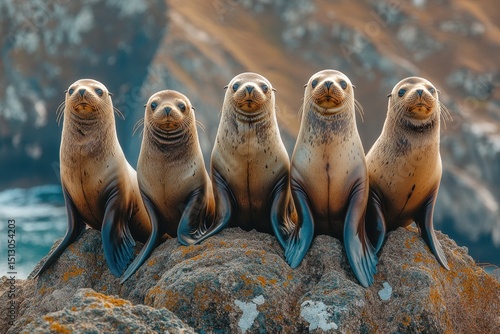 Five brown fur seals sit on a rock, with a blurred coast in background. Use this for ecology projects, conservation, or animal behavior articles.