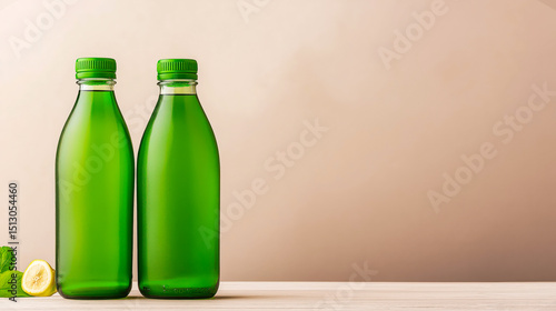 Two green glass bottles with lemon and mint on light surface