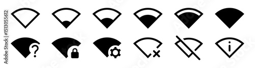 Set of Wi-Fi signal strength and network status icons including locked, disconnected, weak signal, error, and secure connection symbols for UI or mobile app design. Vector, icon.