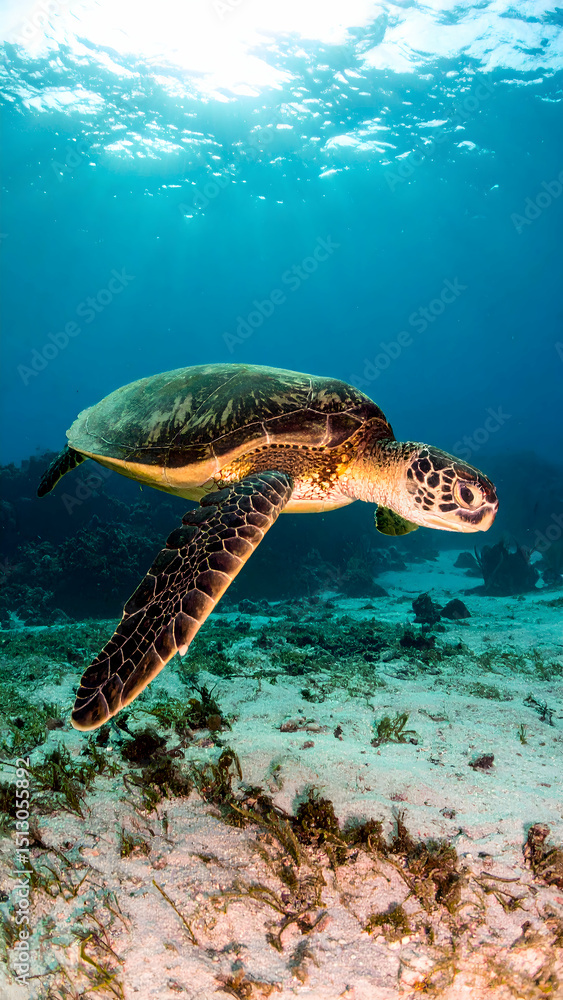 Fototapeta premium Majestic sea turtle gliding through vibrant underwater scenery with coral reefs and sunlight filtering from above